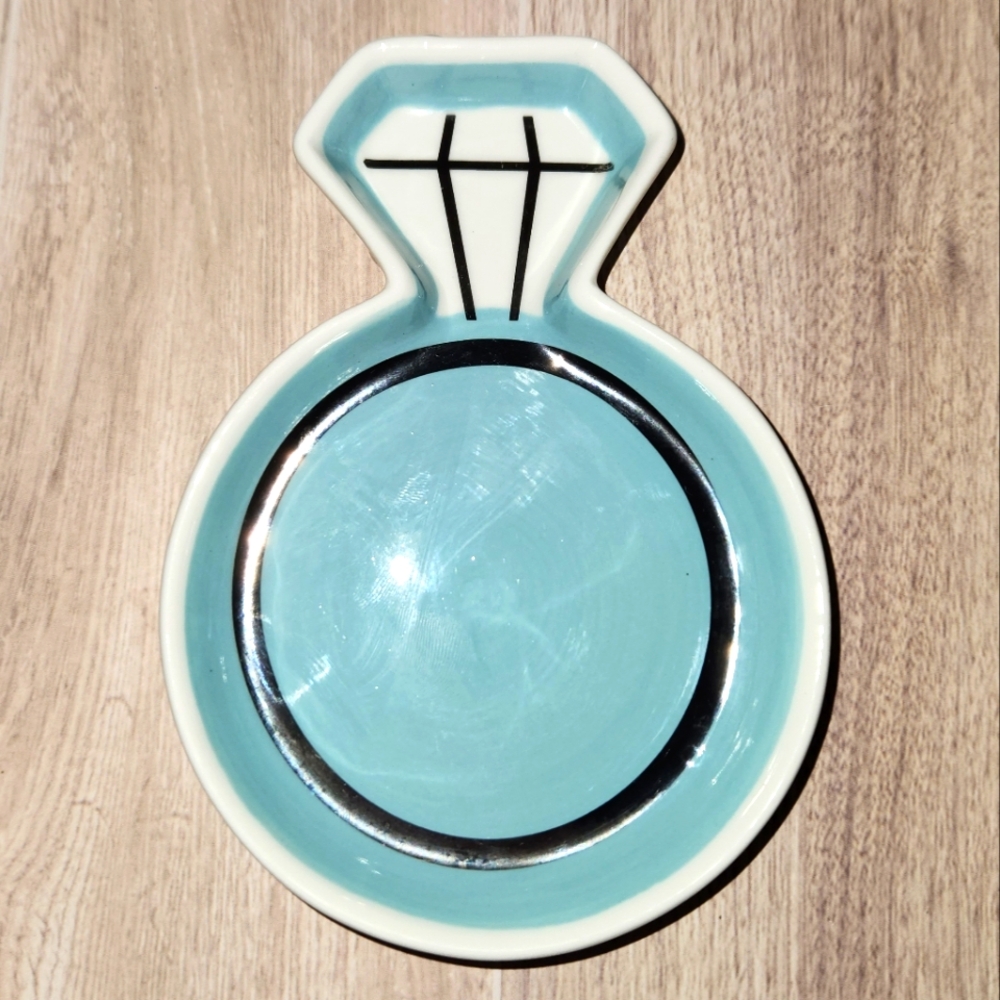 Kate Aspen Ceramic Ring Trinket Dish - Blue & Silver Diamond Engagement Ring